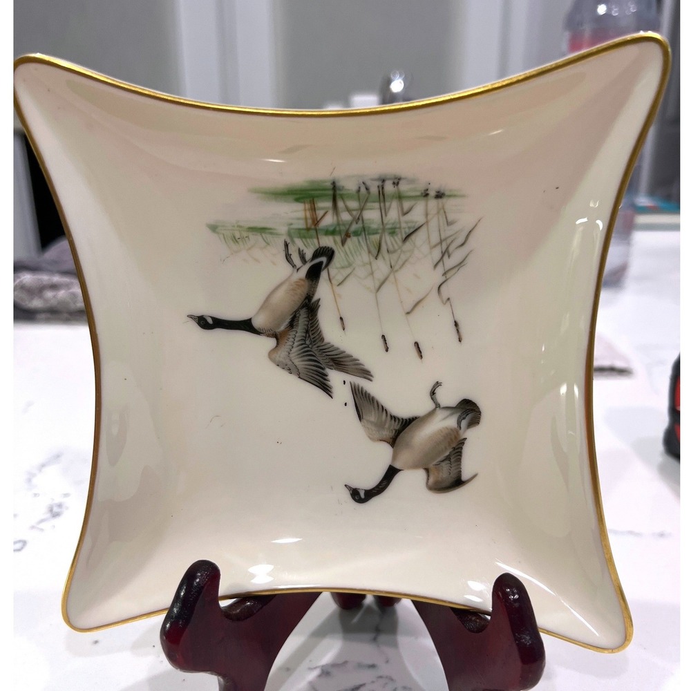 Vintage Lenox Fine China Canada Geese Square Trinket Dish Ivory Gold Rim USA